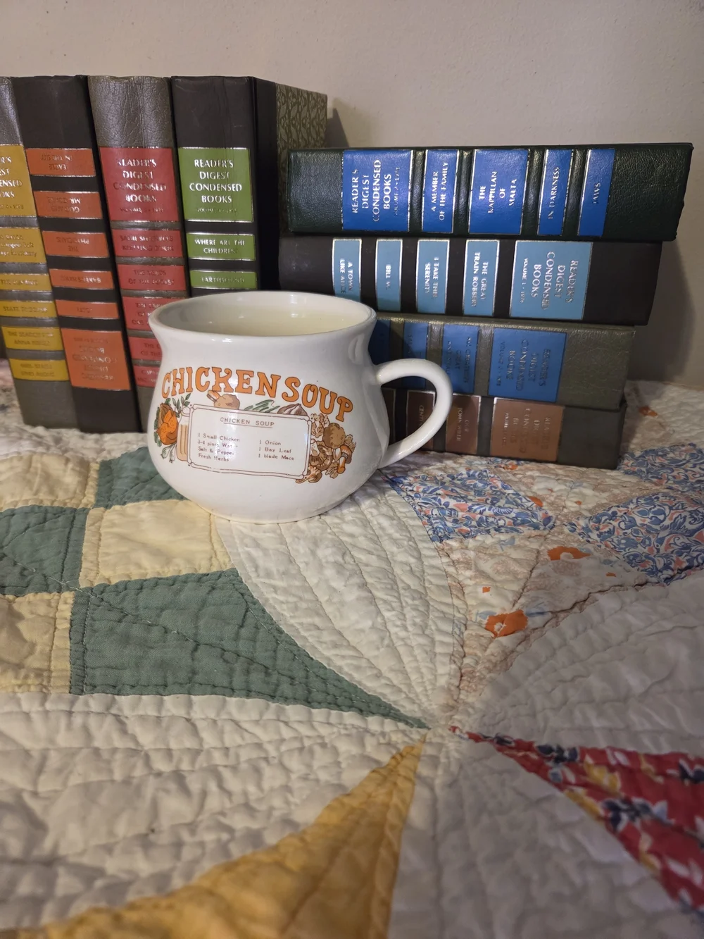 Large vintage chicken soup mug soup or coffee mug with recipe outside some fade